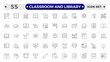© artshuvo - Classroom and Library Outline icon set. study space icon, quiet area badge, library tag, group study file, classroom environment board, study room chart, productive space bubble, academic setting.
