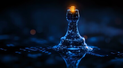 Poster - Chess king piece glowing with magical blue light effect on reflective surface with water drops, creating dramatic atmosphere and mysterious ambiance.