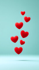 Poster - Red hearts floating against mint green background, creating romantic and dreamy atmosphere. Minimal composition for Valentine's day cards and love messages.