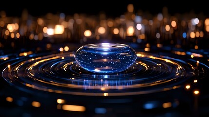 Poster - Mesmerizing water drop splash creating concentric ripples on dark surface with bokeh lights background, captured in macro photography with blue reflection.