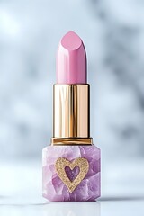 Poster - Pink lipstick with gold cap on crystal amethyst base decorated with glitter heart against marble background, luxury cosmetic product photography.