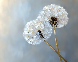 Poster - Delicate white dandelion seed heads against soft blue background, showcasing intricate details of fluffy seedpods ready to float away in gentle breeze. For nature decor.
