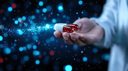 Poster - Magical glowing blue particles flowing from red crystal in outstretched hand against dark background, creating mystical ethereal atmosphere for fantasy designs.