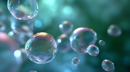 Poster - Floating soap bubbles with iridescent rainbow reflections against blurred emerald green background create dreamy atmospheric composition. Macro photography.