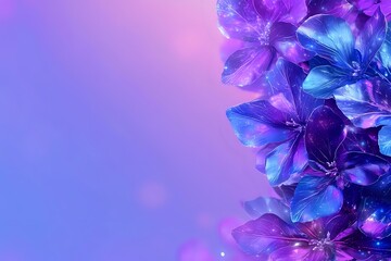 Poster - Vibrant purple and blue flowers with glowing bokeh effects against gradient background create magical floral composition for romantic and fantasy designs.