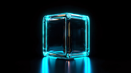 Poster - Glowing neon blue cube with transparent glass edges on dark reflective surface creates futuristic minimalist composition with dramatic lighting effects.