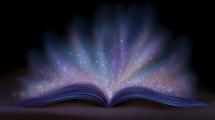 Poster - Magical open book with glowing light, sparkles and mystical energy emerging from pages against dark background, creating ethereal purple and blue illumination.