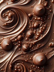 Poster - Swirling milk chocolate background with smooth spheres and tiny droplets creating luxurious texture. Abstract flowing pattern for confectionery and dessert designs.
