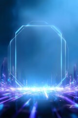 Aufkleber - Glowing neon octagon frame against futuristic cityscape background with bright blue light effects and digital grid floor creating dynamic perspective.
