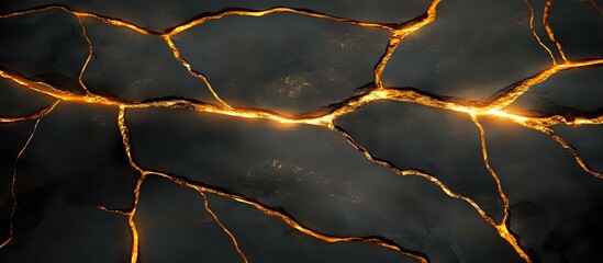 Poster - Dark stone texture with glowing golden cracks forming abstract pattern on black marble surface. Luxury kintsugi art concept for interior design background.