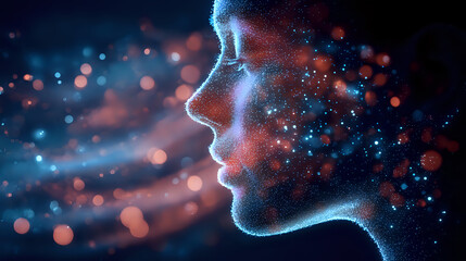 Poster - Profile silhouette of young woman with glowing particles and bokeh lights in dark blue and orange colors creating magical atmospheric effect.