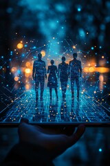 Poster - Digital silhouettes of business team on glowing network grid with connecting dots and lines, floating above hand against blue bokeh background with orange lights.
