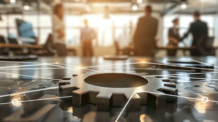 Poster - Metallic gear wheel with connected network lines on glass table in modern office background, symbolizing business connectivity and automation processes.