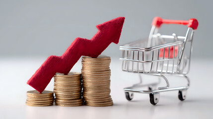 Poster - Rising stack of gold coins with red upward arrow and shopping cart on gray background, representing retail price inflation and consumer spending growth.