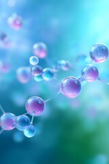 Poster - Molecular structure with glowing spheres connected by light beams on turquoise and blue background, creating ethereal scientific visualization effect.