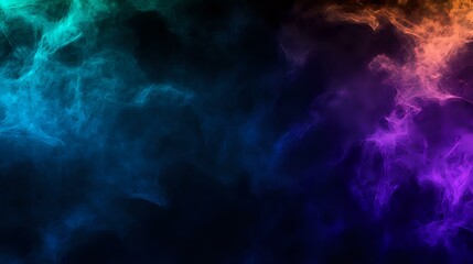Poster - Vibrant cosmic smoke effect with turquoise blue transitioning to deep purple and orange creating ethereal atmosphere against dark background. Suitable for abstract designs.