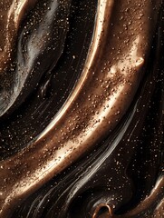 Poster - Abstract liquid chocolate swirls with golden sparkles and dark waves creating luxurious marble texture pattern for packaging and cosmetic backgrounds.