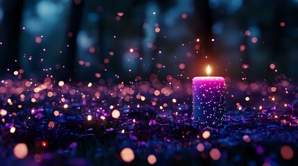 Poster - Glowing purple candle with magical bokeh lights floating in dark mystical atmosphere, creating dreamy romantic ambiance for spiritual meditation.
