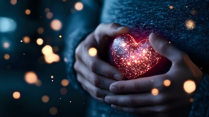 Poster - Magical glowing red heart shape held in cupped hands against dark background with sparkles and bokeh lights creating romantic atmosphere.