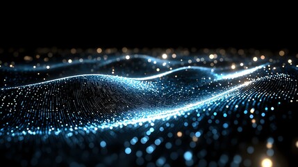 Poster - Glowing blue digital wave pattern with shimmering particles and light effects on dark background creates futuristic technology visualization landscape.