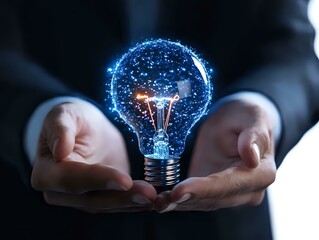 Poster - Business professional holding glowing light bulb with blue digital network effect, symbolizing innovation and creative technology solutions in corporate setting.