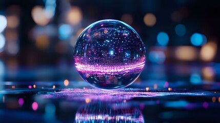 Poster - Crystal ball reflecting vibrant neon city lights with glowing purple and blue bokeh background creates magical nighttime atmosphere on wet reflective surface.