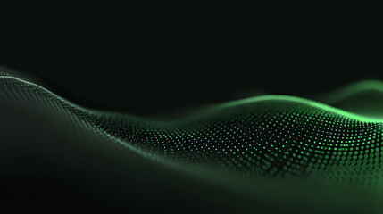Aufkleber - Flowing green particle wave on dark background creates dynamic digital landscape with glowing dots forming smooth curves and undulating motion for technology designs.