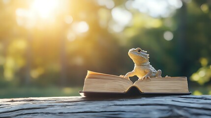 Poster - Bearded dragon sitting on open book pages against blurred natural background with golden sunlight and bokeh effect, creating magical reading atmosphere.