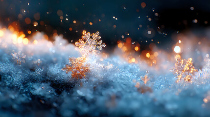 Poster - Delicate snowflakes glowing with golden light against dark blue winter background, magical frost crystals with bokeh effect creating dreamy seasonal atmosphere.