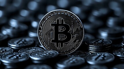 Poster - Silver bitcoin cryptocurrency coin with blurred coins in background, dramatic lighting and selective focus creates modern financial concept.