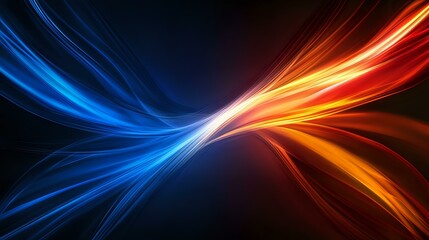 Poster - Vibrant abstract light streams in contrasting blue and orange colors create dynamic flowing curves against dark background, merging in luminous center point.