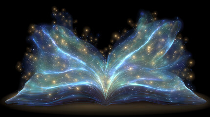 Poster - Magical glowing book with ethereal blue and turquoise pages spreading like butterfly wings, emitting sparkling light and stardust against dark background.