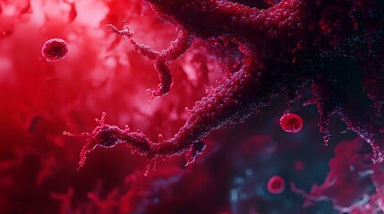 Poster - Microscopic view of red blood cells and plasma in dark red tones with floating particles and organic structures creating dramatic medical science composition.
