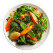 © aura - plate of organic farm-to-table meal, featuring a vegetable medley (broccoli, carrots, and quinoa), arranged artistically on a white plate, isolated against a white background in high-resolution 3D.