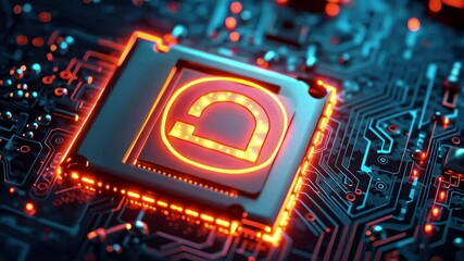 Poster - Close-up view of an illuminated microchip on a dark circuit board showcasing intricate electronic components