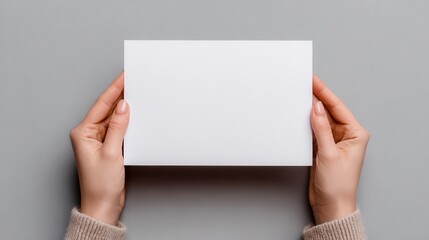 Wall Mural - Hands holding a blank white rectangular card against a gray background, ready for custom text or design.