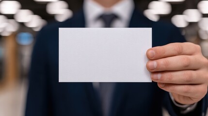 Wall Mural - A person in a suit holds a blank white business card towards the camera, with a blurred background of lights.