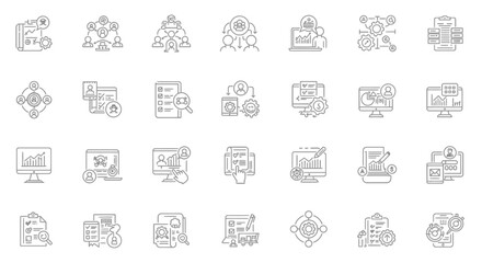 Set of thin line business and management icons showcasing data analysis and teamwork