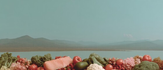 Aufkleber - Fresh assorted vegetables, fruits, nuts, and salmon fillet arranged for anti-inflammatory diet promotion and holistic wellbeing marketing concept