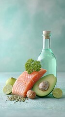 Aufkleber - Omega-3 Rich Foods Display with Salmon Fillet, Avocado, Walnuts, and Seeds in Rustic Health and Nutrition Campaign Setting
