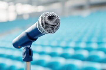 Poster - Close-up of microphone on stand in empty modern auditorium with blurred seating, symbolizing open dialogue and community engagement for events