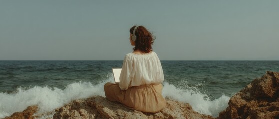 Poster - Remote Work Lifestyle Female Freelancer Using Laptop by Seashore Rocks with Headphones, Embracing Workation and Freedom by the Ocean