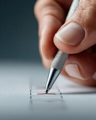 Poster - Close-up of Hand Marking an X on Paper Ballot with Metallic Pen in Voting Process for Election Campaigns and Democratic Engagement Awareness