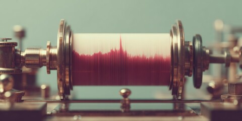 Poster - Vintage Seismograph Machine Recording Earthquake Tremor with Red Ink Graph on Rotating Drum - Scientific Data Monitoring for Research and Analysis