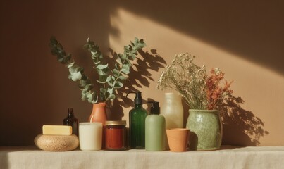 Aufkleber - Sustainable Lifestyle Still Life with Zero Waste Pantry Essentials and Natural Dried Botanicals in Warm Mocha Light for Eco-Friendly Living