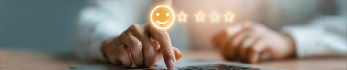 Aufkleber - Modern Businesswoman Using Laptop for Online Customer Satisfaction Review with Digital Five Star Rating Interface - Engagement and Positive Feedback Concept