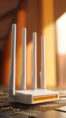 Aufkleber - Modern 5G Router with Four Antennas on Circuit Board Featuring Advanced Network Graphics for Secure High Bandwidth Home and Business Connectivity