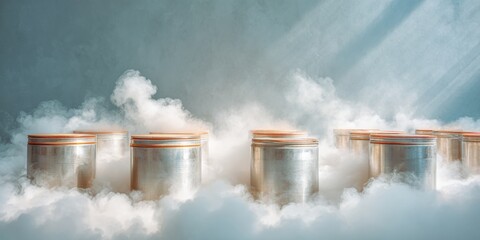 Poster - Industrial Cryogenic Cooling Tanks Emitting Vapor in Organized Rows with Rising Gaseous Clouds Representing Liquid Nitrogen Production and Clean Refrigeration