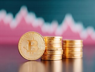 Poster - Bitcoin Gold Coins on Reflective Surface with Declining Crypto Market Chart - Financial Volatility and Digital Asset Risk for Business and Investment Trends