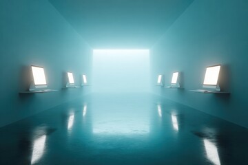 Poster - Modern Corporate Computer Lab with Minimalist Workstations in a Futuristic Blue Room Symbolizing Digital Learning and Technological Readiness